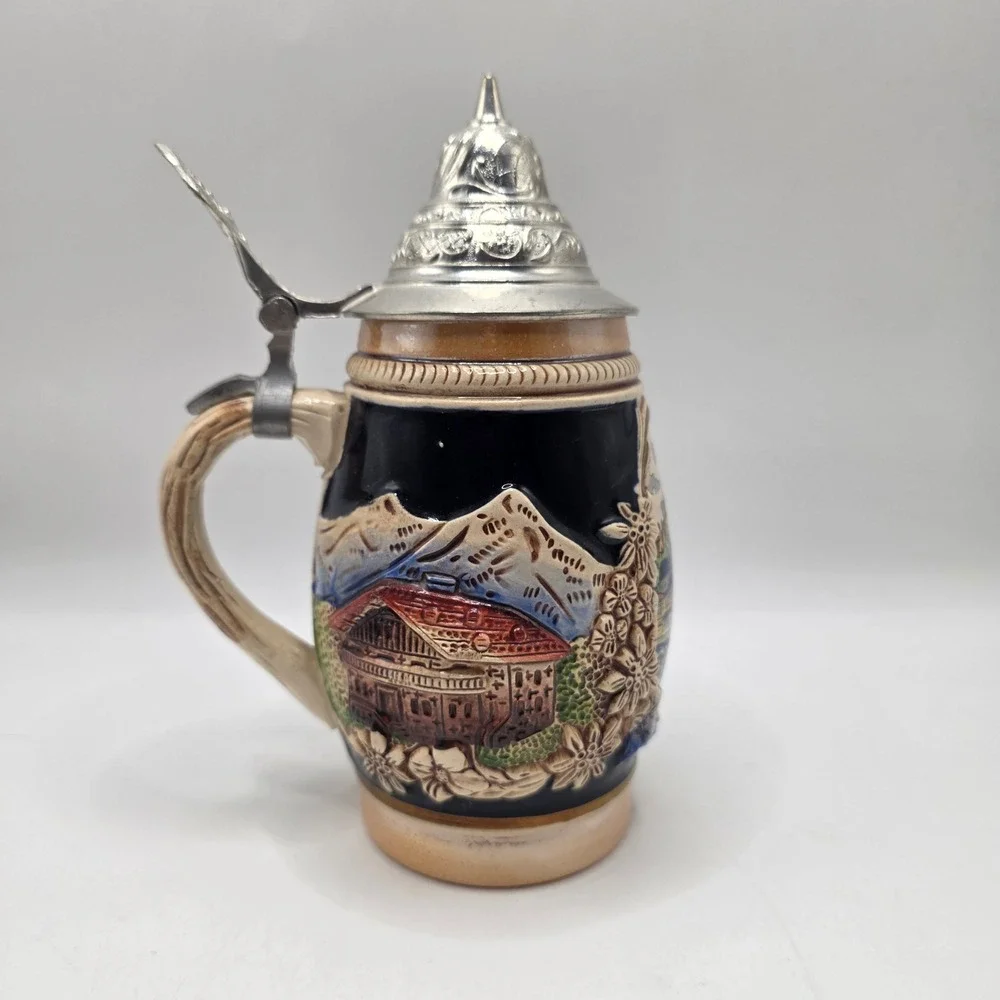 Salzburg Austria Beer Stein Lidded Pewter Cobalt Blue Relief Edelweiss Alps Mug